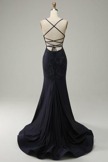 Navy Strapless Sweetheart Beaded Ball Dress with Split